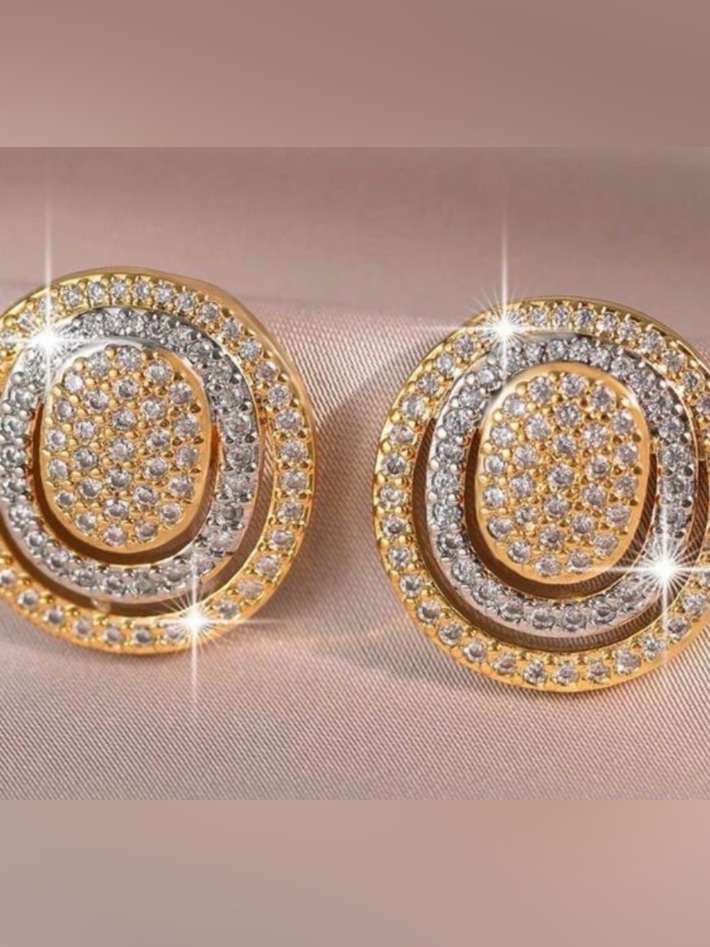 New Gold CZ Statement Stud Earrings, Luxury Pavé Oval Double Halo | Elegant Glam